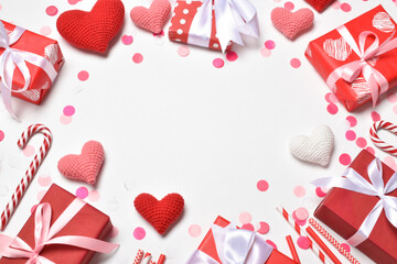 A holiday card with red accessories for a holiday, a party. A frame for a banner for Valentine's Day. Background on February 14. Space for copying. Flat position, top view.