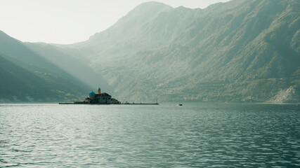 Scenic landscape of the isolated island Our Lady of the Rocks, Bay of Boka, Montenegro