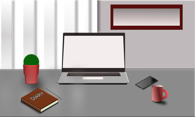 A vector image showing an office or work at home desk. Typical items people need in order to do their work. 
