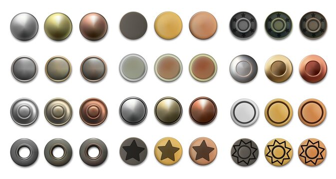 Metal rivets. Realistic antique bronze copper and steel round dress buttons. Vintage sewing accessory. Top view of various dressmaking fasteners. Vector clothing fasten elements set