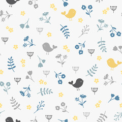 Bird and flower colorful seamless pattern. Floral vector print design.