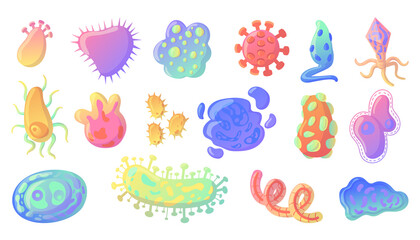 Cartoon bacteria. Ameba and virus cell probiotic collection. Flu germ. Microbes and bacillus disease. Unicellular creatures. Microscopic pathogens. Vector biohazard microorganisms set