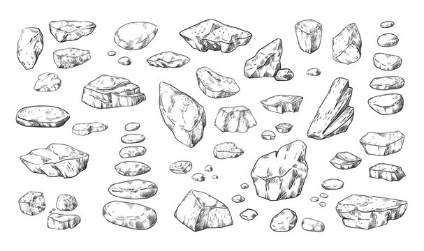Stones sketch. Hand drawn pebble and boulders in piles. Outline doodle rock structure. Natural material. Cobblestone shapes. Isolated geological elements. Vector granite rubbles set