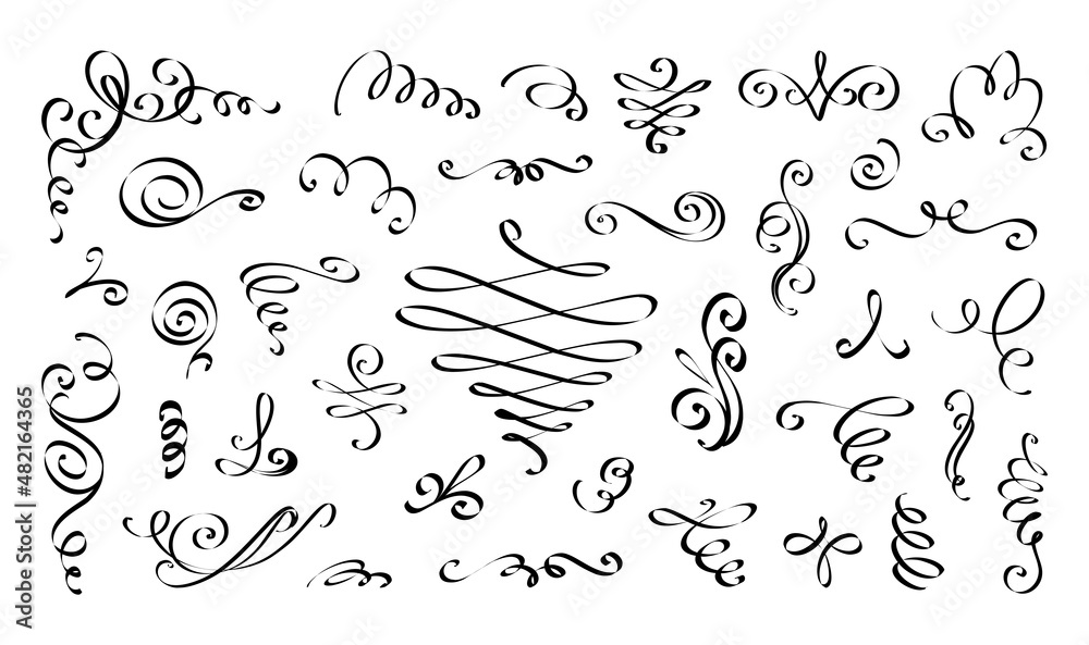 Poster Swirl calligraphic line. Flourish script border. Vintage outline ornament elements. Black ink spirals and scrolls. Isolated classic dividers and vignettes. Vector sketch decoration set