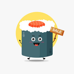 Cute sushi roll character with sale sign