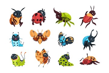 Cartoon bugs. Cute happy ladybug caterpillar and butterfly with funny face emotions. Insect characters poses. Cheerful dynastinae beetle and moth. Vector flying and crawling animals set