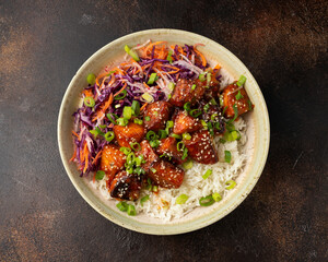 Vegan fried tempeh with rice and vegetables. Asian healthy food