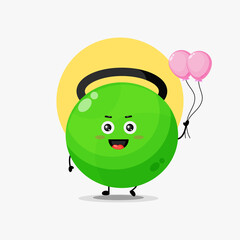 Illustration of cute fitness kettlebell character carrying balloon