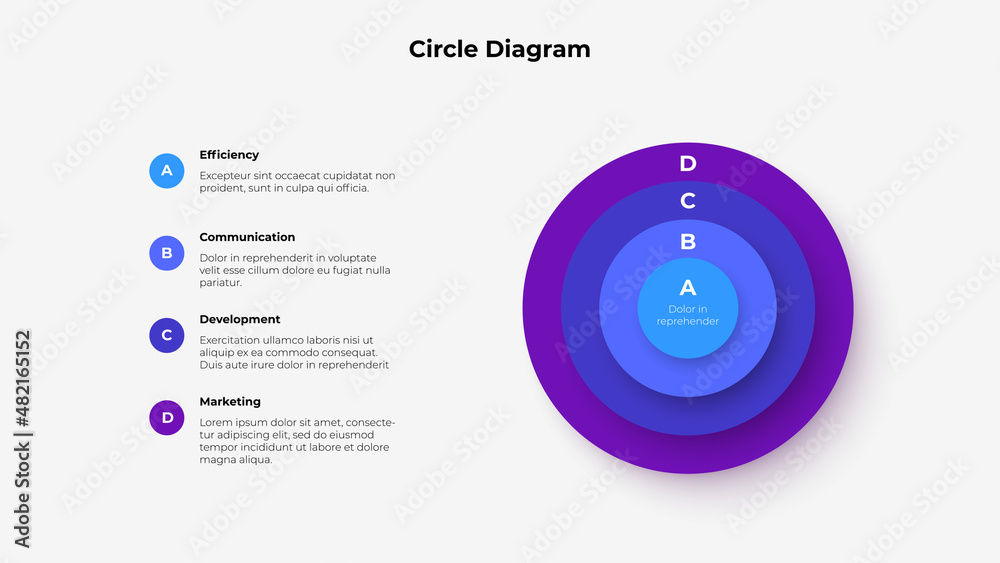 Poster Four colorful circle elements with letters. Concept of layers business model. Creative infographic presentation. Vector illustration with 4 steps