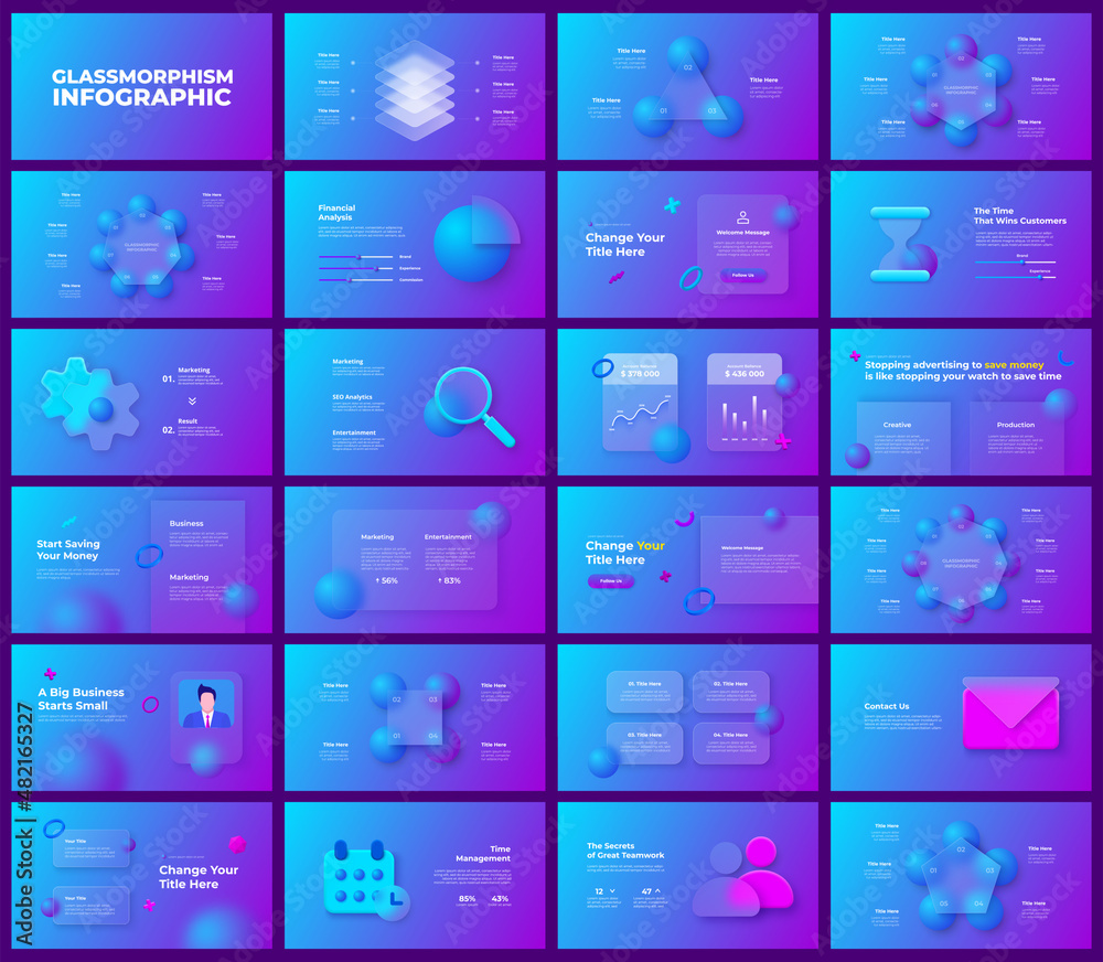 Poster glassmorphism infographics set. 3d geometric shapes with frosted glass effect. illustration on blurr