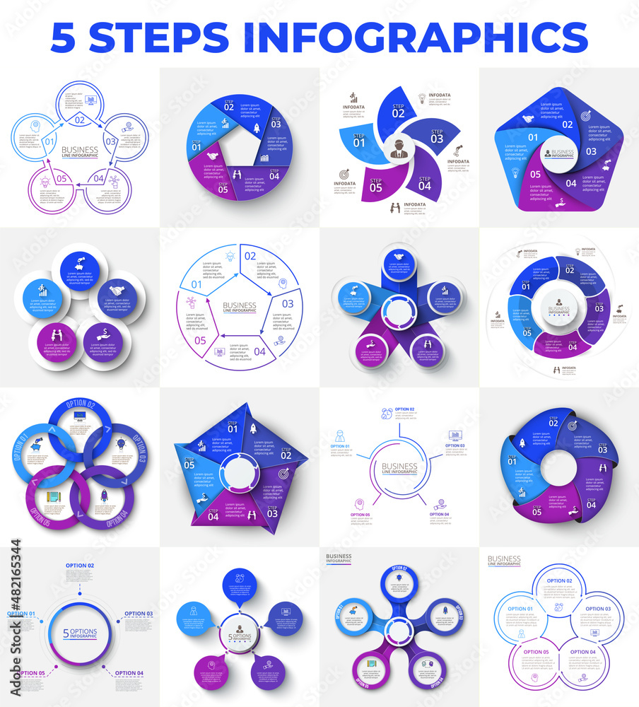 Fototapete Set of 16 infographic elements with 5 options. Process diagrams, line, cycle chart and hexagons. Vector illustration for business information visualization