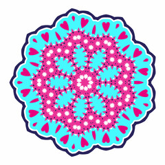 Turquoise mandala in the form of a flower with pink hearts. Abstract floral circular pattern. Vector illustration isolated on a white background.
