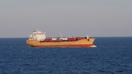 Yellow chemical tanker underway in the North sea