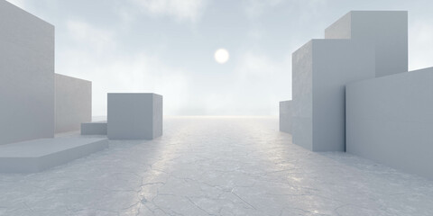 abstract city environment mock-up on concrete surface with bright sun light 3d render illustration