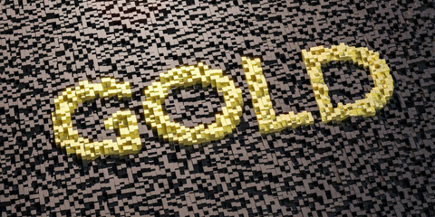 gold symbol letters made of golden cubes on dark cube background 3d render illustration