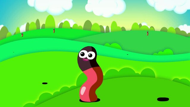Worm cartoon animation clouds and landscape version. Peek-a-boo! I am here! Happy earthworm character on green grass meadow.