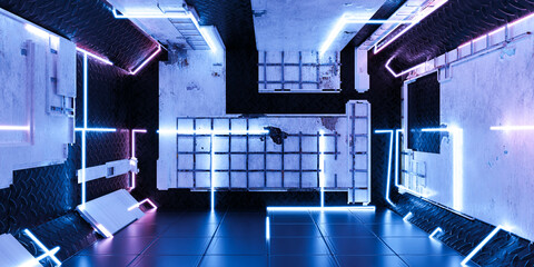 neon light industrial basement room with cyber punk design and neon blue and violet lights 3d render illustration
