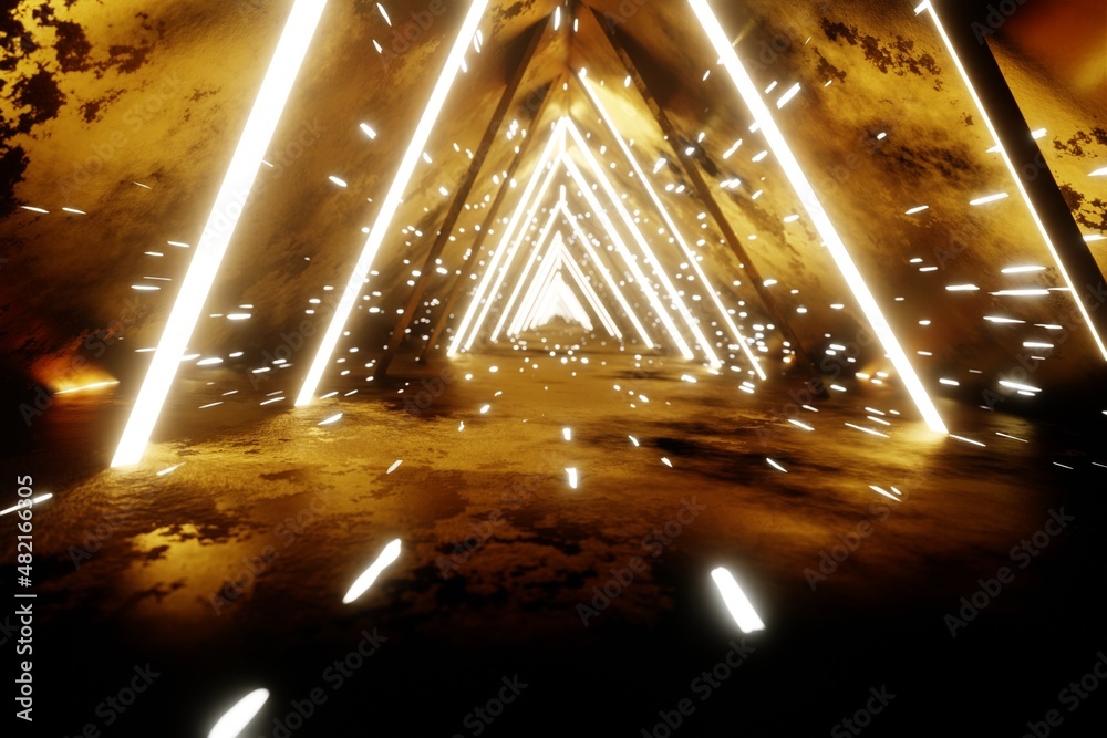 Poster Flying through endless luminous tunnel. Construction with neon glowing hexagons. Hyperloop.  3d rendering illustration. Background pattern for design.