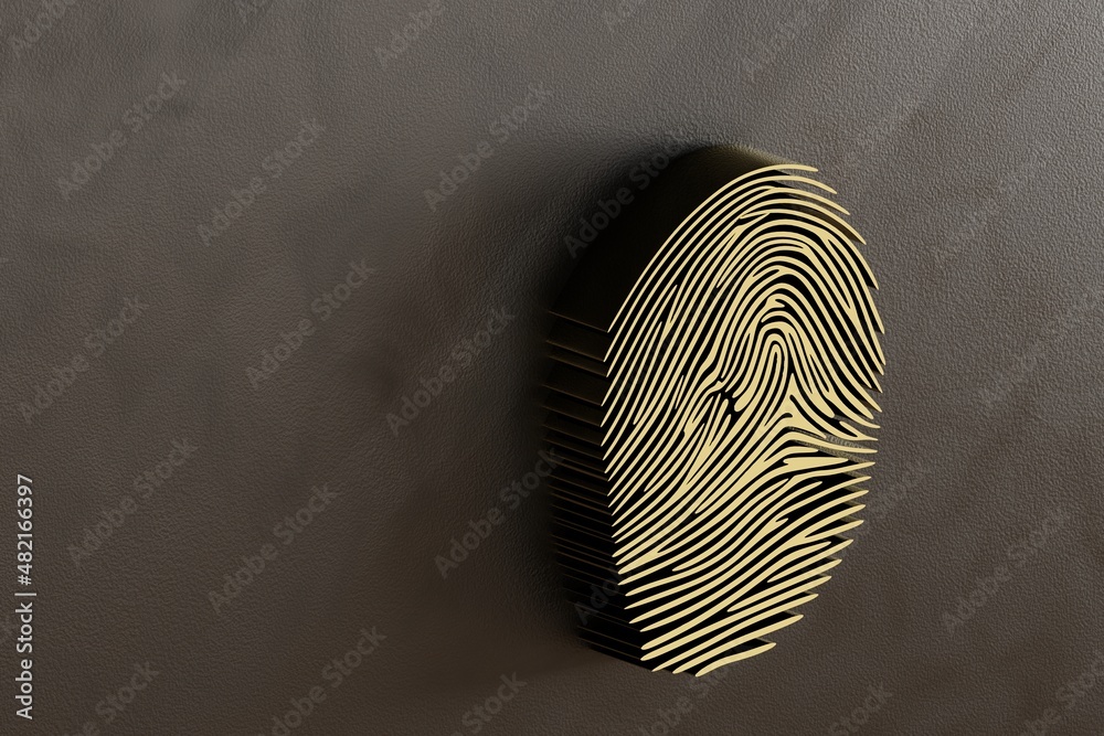 Poster beautiful abstract golden fingerprint, standing on black wall, 3d rendering. background pattern for 