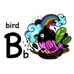 Hand drawn.Alphabet Letter B-bird