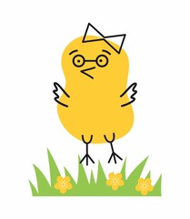 Easter cartoon chick on green grass. Easter poster vector image. Line art. 