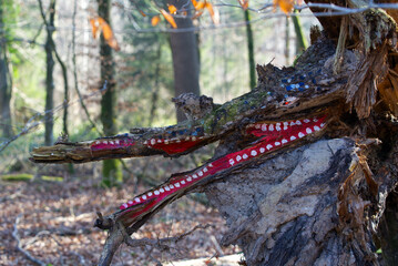 Painted crocodile like animal on tree on a sunny winter day in the woods. Photo taken January 13th, 2022, Zurich, Switzerland.