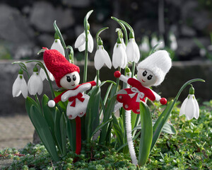 Snowdrops and small yarn dolls martenitsa or martishor. March 1st - traditional trinket, Baba Marta Day - Bulgarian holiday. Beginning of spring, springtime concept