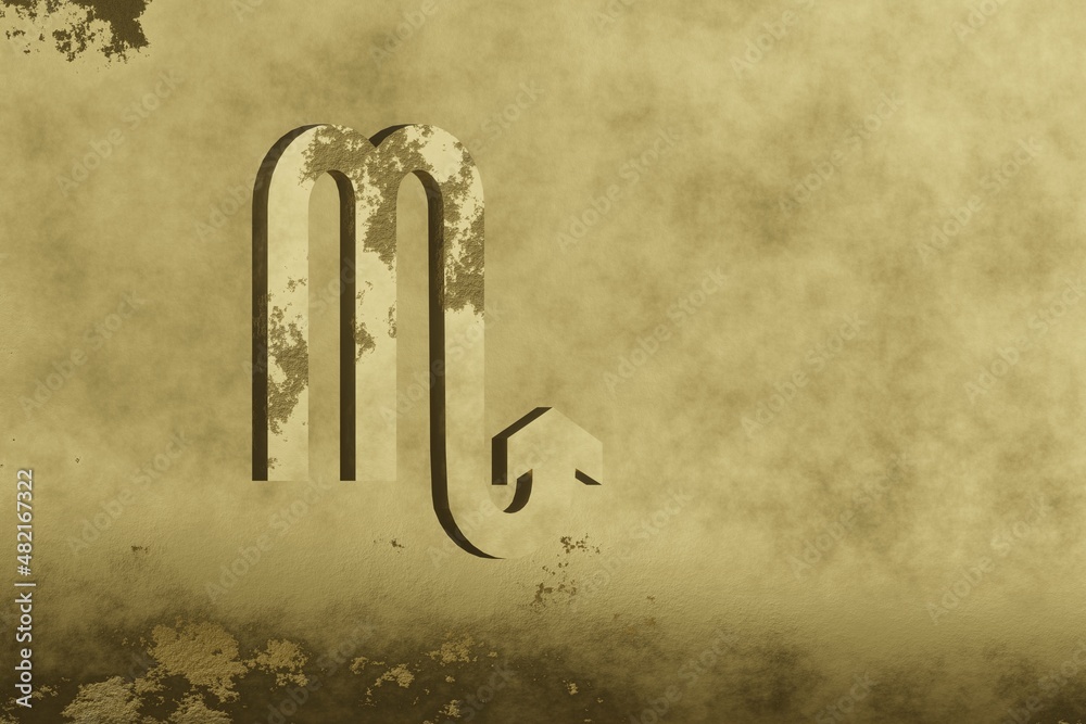 Poster golden zodiac sign scorpio on a gold background. 3d rendering illustration. abstract contemporary co