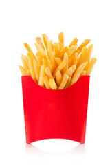 French fries in a red paper box isolated on white background. 