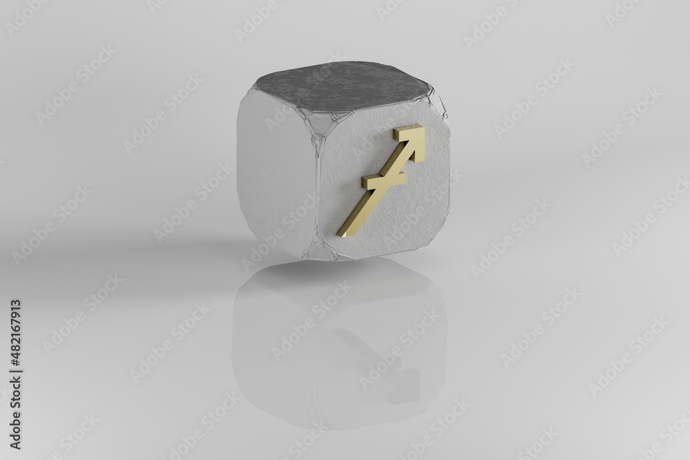 Poster golden zodiac sign sagittarius on a cube background. 3d rendering illustration. abstract contemporar