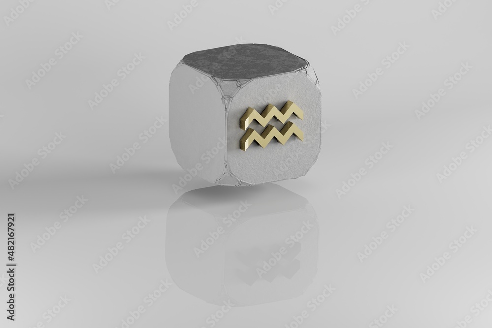 Poster golden zodiac sign aquarius on a cube background. 3d rendering illustration. abstract contemporary c