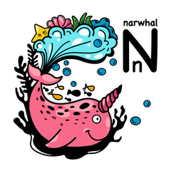 Hand drawn.Alphabet Letter N-narwhal