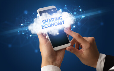 Hand using smartphone with cloud business concept