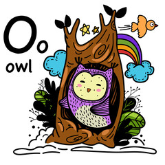 Hand drawn.Alphabet Letter O-owl
