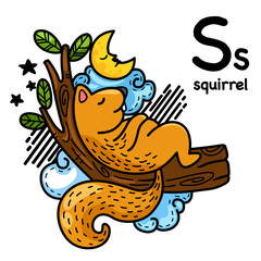 Hand drawn.Alphabet Letter S-squirrel illustration, vector