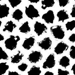 Grunge spots hand drawn vector seamless pattern. Ink dirty circles texture. Black paint dry brush splodges, blotches background. Abstract rough blots, splotches backdrop. Wrapping paper design.
