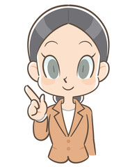 指を指すポーズを取るスーツ姿の女性