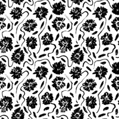 Brush black loose leaves and flowers vector seamless pattern. Vintage floral ornament. Botanical vector pattern for design and prints. Hand drawn black paint ink illustration with abstract flowers