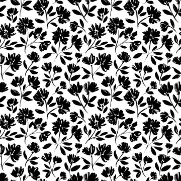 Plain floral drawing seamless pattern. Silhouettes of blooming black flowers. Elegant botanical pattern made of spring flowers. Hand drawn fabric, gift wrap, wall design. Nature ornament for textile