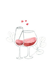 Fototapeta na wymiar Two glasses of red wine decor from leaves and hearts - watercolor illustration