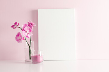 Beautiful flowers composition. Canvas, pink orchid flower on pastel pink background. Valentines Day, Happy Women's Day, copy space