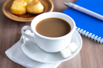 Closeup cup of coffee cookies and sugar drink espresso latte aroma beverage mug black hot cafe...