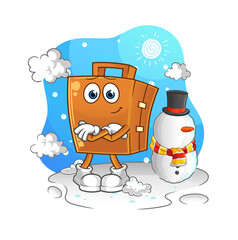 suitcase in cold winter character. cartoon mascot vector