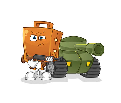 suitcase soldier with tank character. cartoon mascot vector