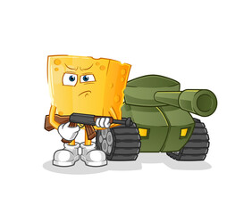 cheese soldier with tank character. cartoon mascot vector