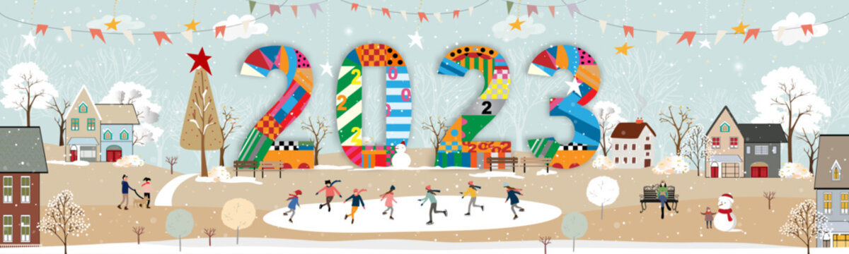 Happy New Year 2023 card,Vector Winter landscape in city with people celebrating on Chritsmas Eve.Winter wonderland in the town with happy kids playing ice skating in the city park 