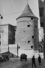 Latvia - CIRCA 1930-1940s: Vintage archive photo of Old Riga city. Medieval Powder Tower (Latvian: Pulvertornis) at the end of the Valnu street