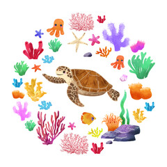 Unterwasserflora und -fauna der niedlichen Wasserschildkröte. Vektor-Cartoon-Illustration im flachen Stil. Cliparts für die Gestaltung von Kinderprodukten.