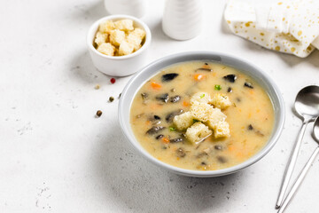 Instant pot mushroom soup. Top view, copy space.
