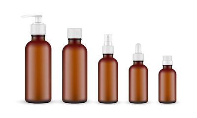 Set of Amber Bottles with Pump, Spray, Dropper for Cosmetic Products. Vector Illustration
